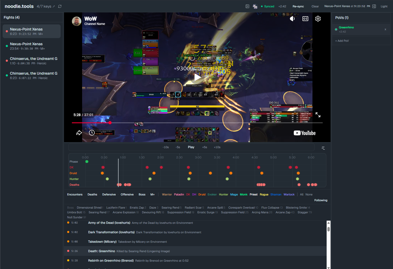 noodle.tools session viewer — multi-PoV VOD playback synced with Warcraft Logs