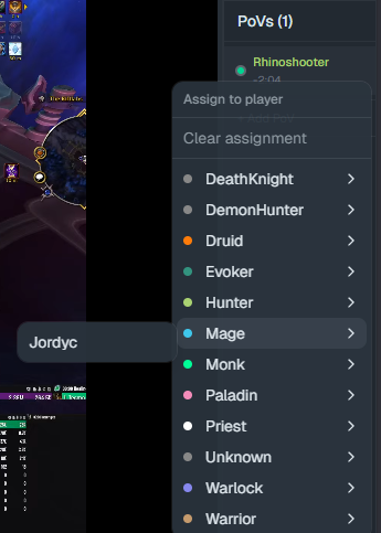 noodle.tools PoV sidebar — assign players by WoW class to linked VODs