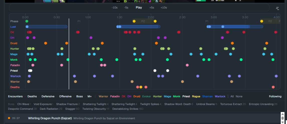 noodle.tools fight analysis — timeline with cooldown dots, ability filters, and event feed